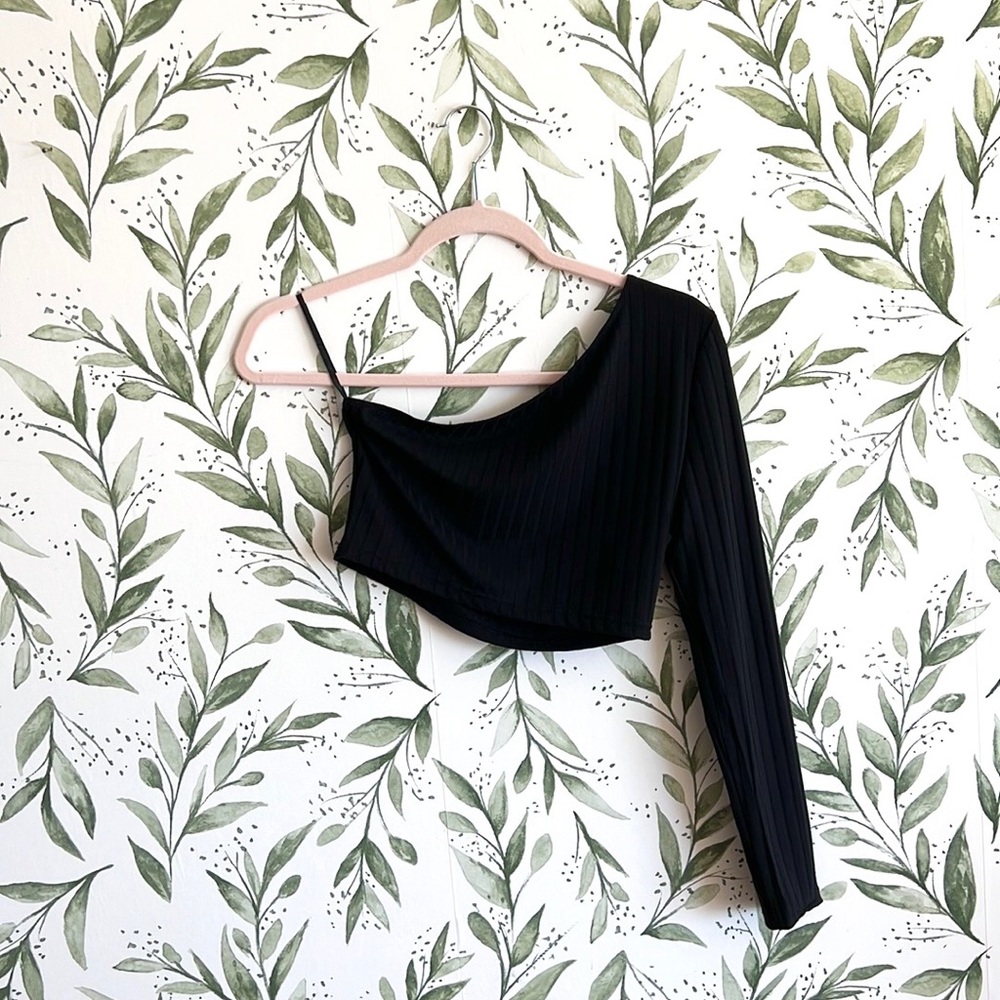 SHEIN Asymmetrical One-Shoulder Long Sleeve Black Crop Top | Size L